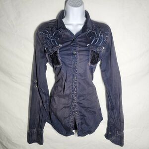 Vintage y2k roar grunge boho western faded blue lace button up